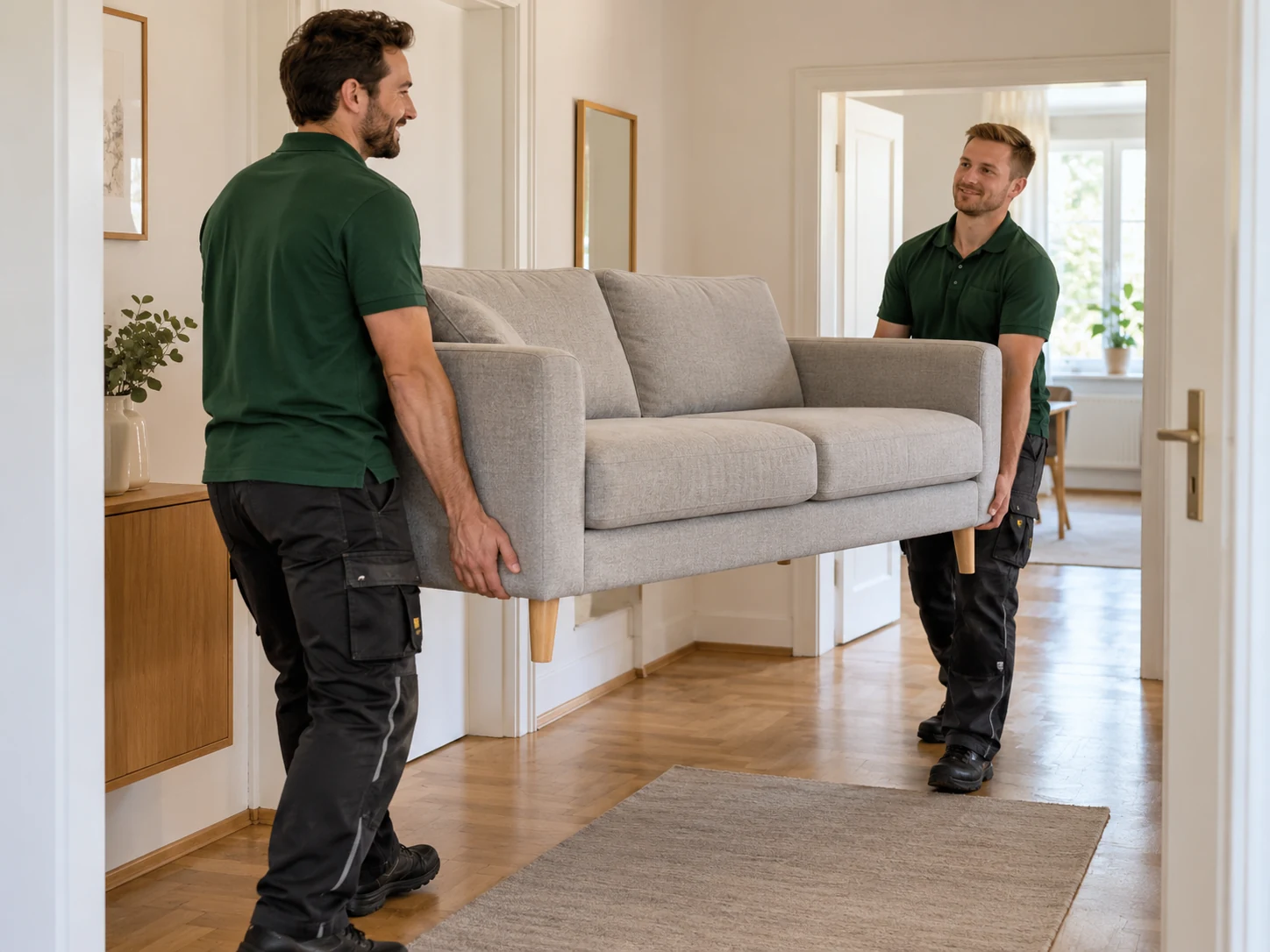 Zwei Tragehelfer tragen ein Sofa durch eine Wohnung, Symbolbild